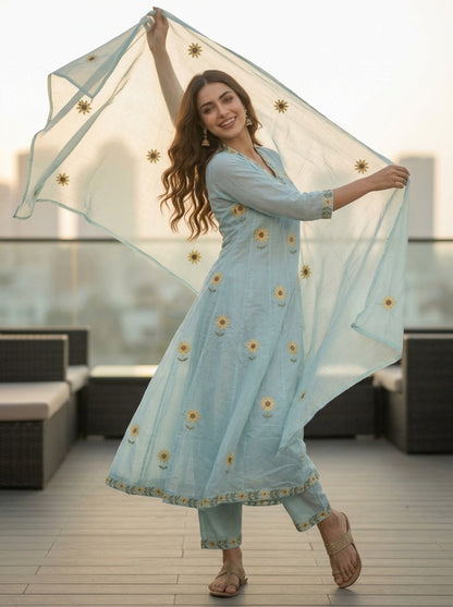 Ice Blue Solid Floral Embroidered Chanderi Silk Anarkali Kurta Set with Palazzo and Dupatta