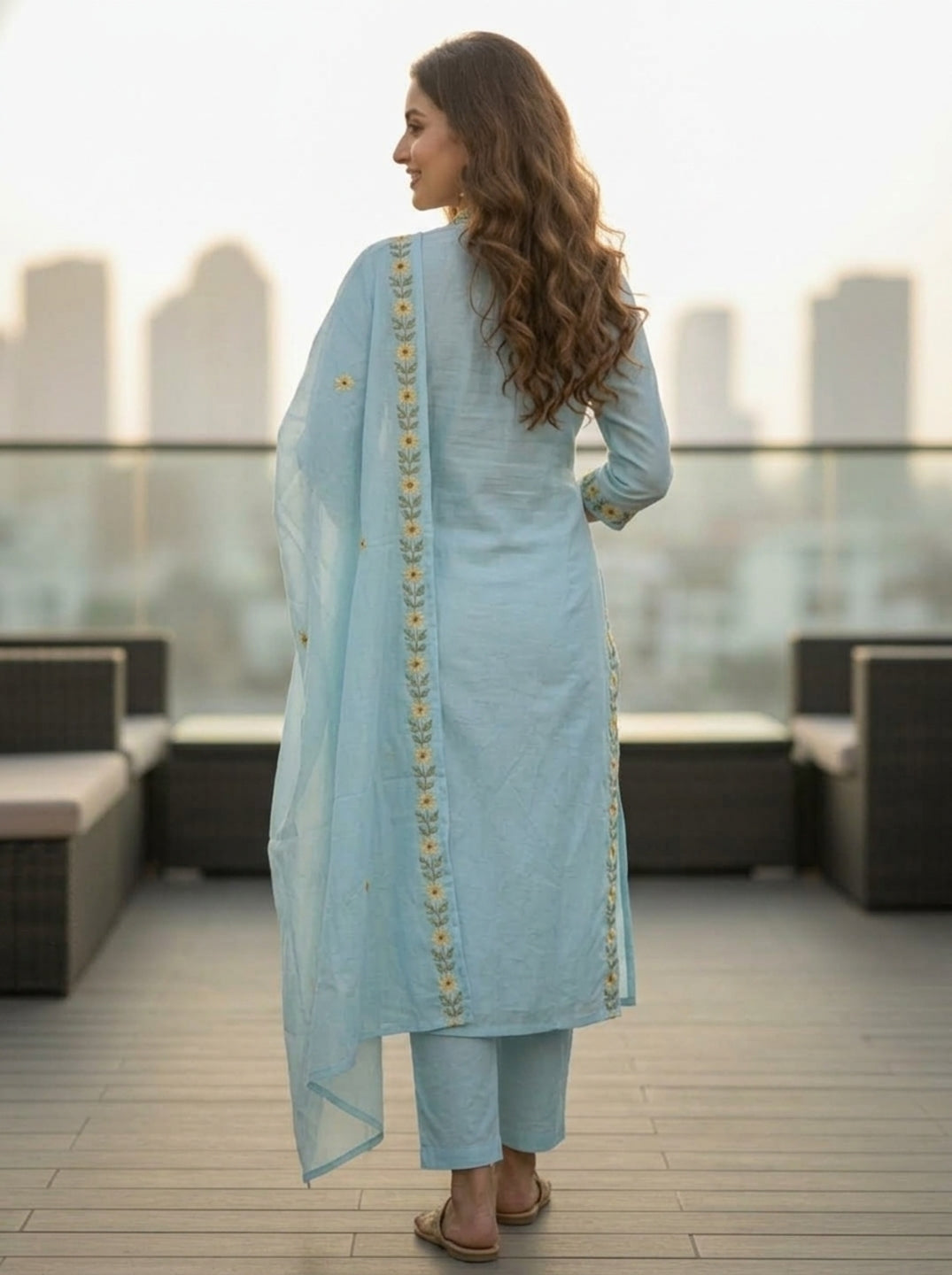 Ice Blue Solid Floral Embroidered Chanderi Silk Anarkali Kurta Set with Palazzo and Dupatta