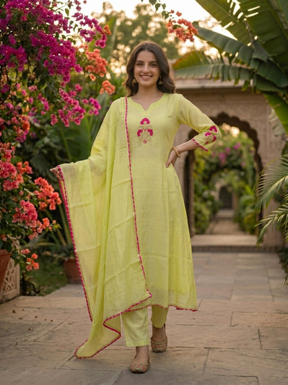 Lime Green Solid Floral Hand-Embroidered Poly Chanderi A-Line Kurta Set with Pant and Dupatta