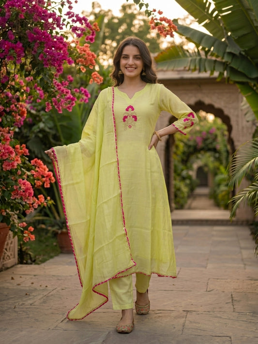 Lime Green Solid Floral Hand-Embroidered Poly Chanderi A-Line Kurta Set with Pant and Dupatta
