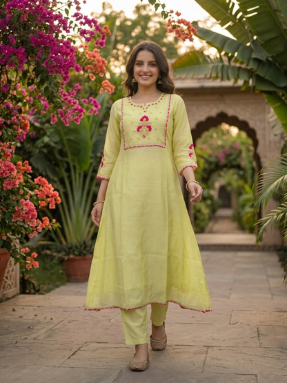 Lime Green Solid Floral Hand-Embroidered Poly Chanderi A-Line Kurta Set with Pant and Dupatta