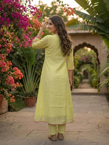 Lime Green Solid Floral Hand-Embroidered Poly Chanderi A-Line Kurta Set with Pant and Dupatta