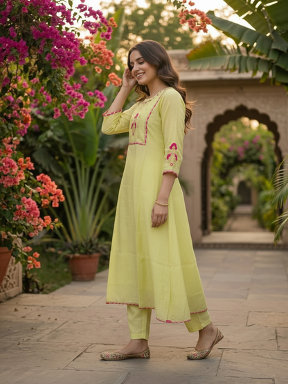 Lime Green Solid Floral Hand-Embroidered Poly Chanderi A-Line Kurta Set with Pant and Dupatta