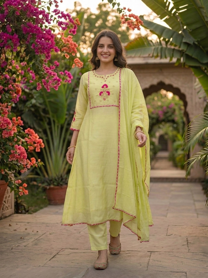 Lime Green Solid Floral Hand-Embroidered Poly Chanderi A-Line Kurta Set with Pant and Dupatta
