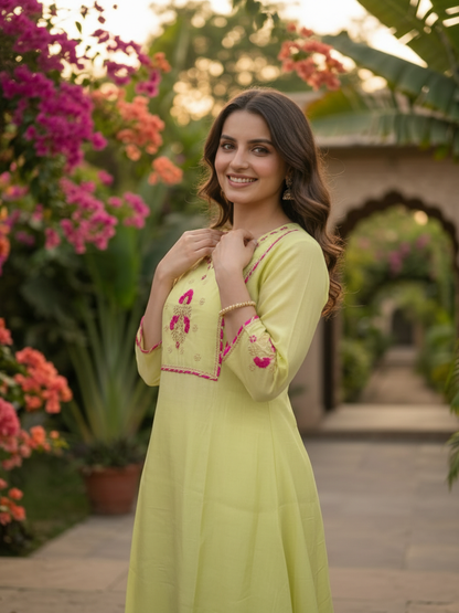 Lime Green Solid Floral Hand-Embroidered Poly Chanderi A-Line Kurta Set with Pant and Dupatta