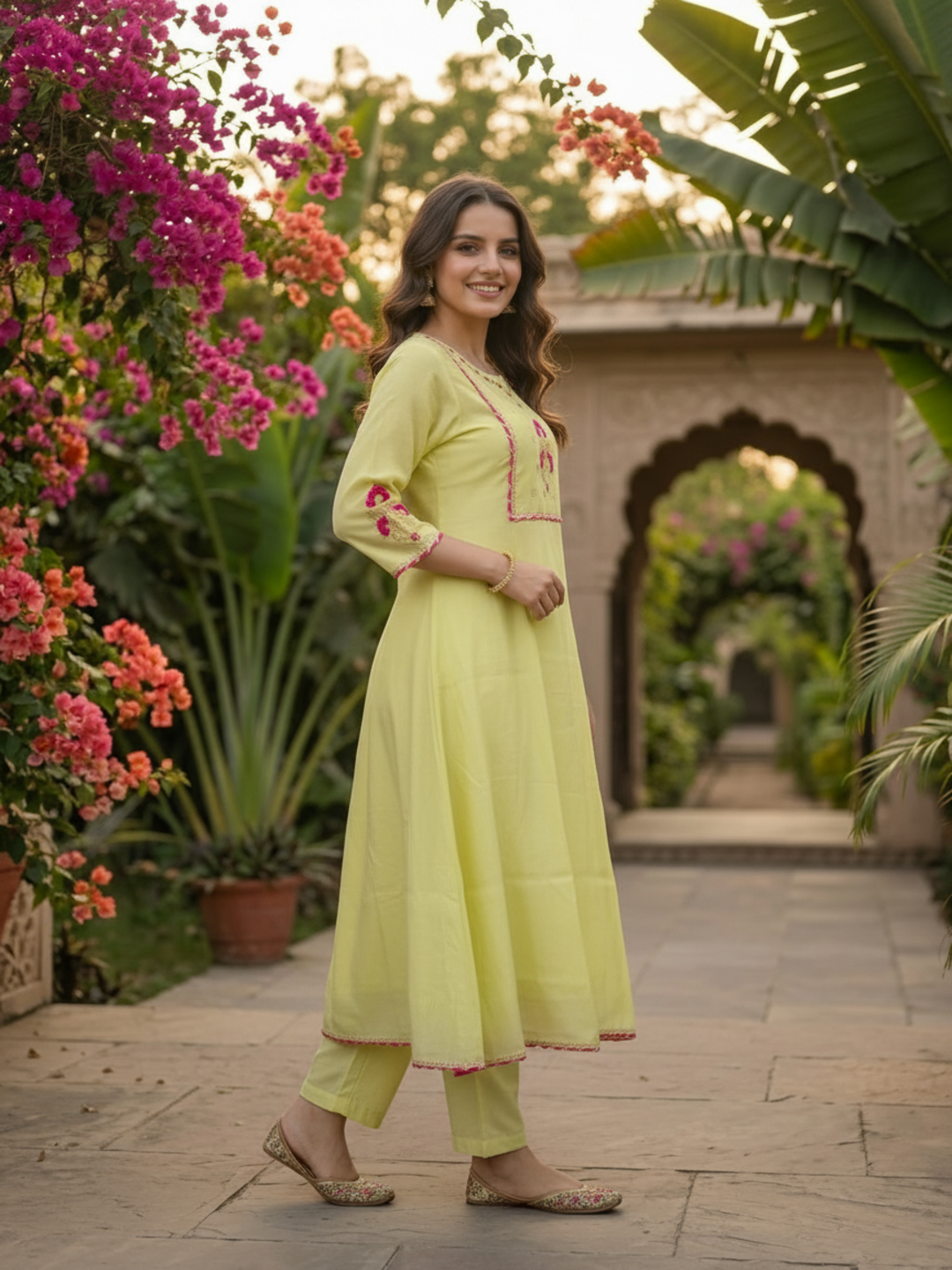 Lime Green Solid Floral Hand-Embroidered Poly Chanderi A-Line Kurta Set with Pant and Dupatta