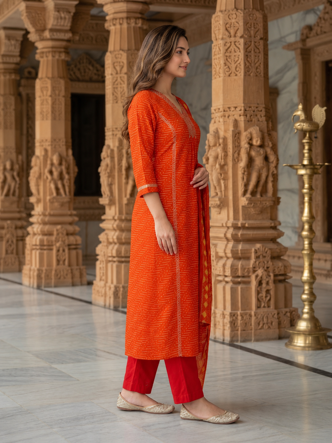 Rust Bandhani-print kurta with embroidered V-neckline