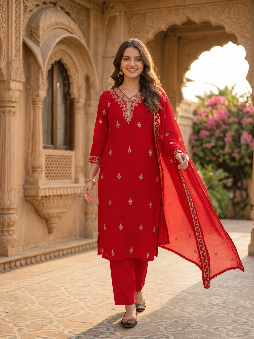 Model wearing red straight kurta set with embroidered dupatta