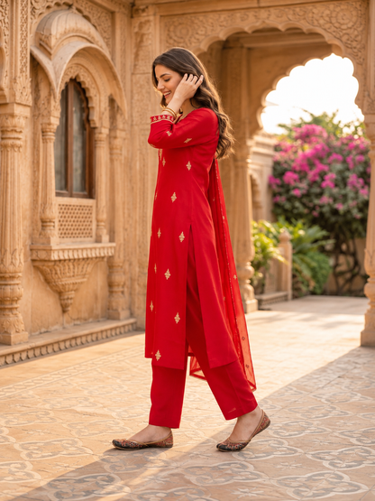Back view of red kurta set with matching embroidered dupatta