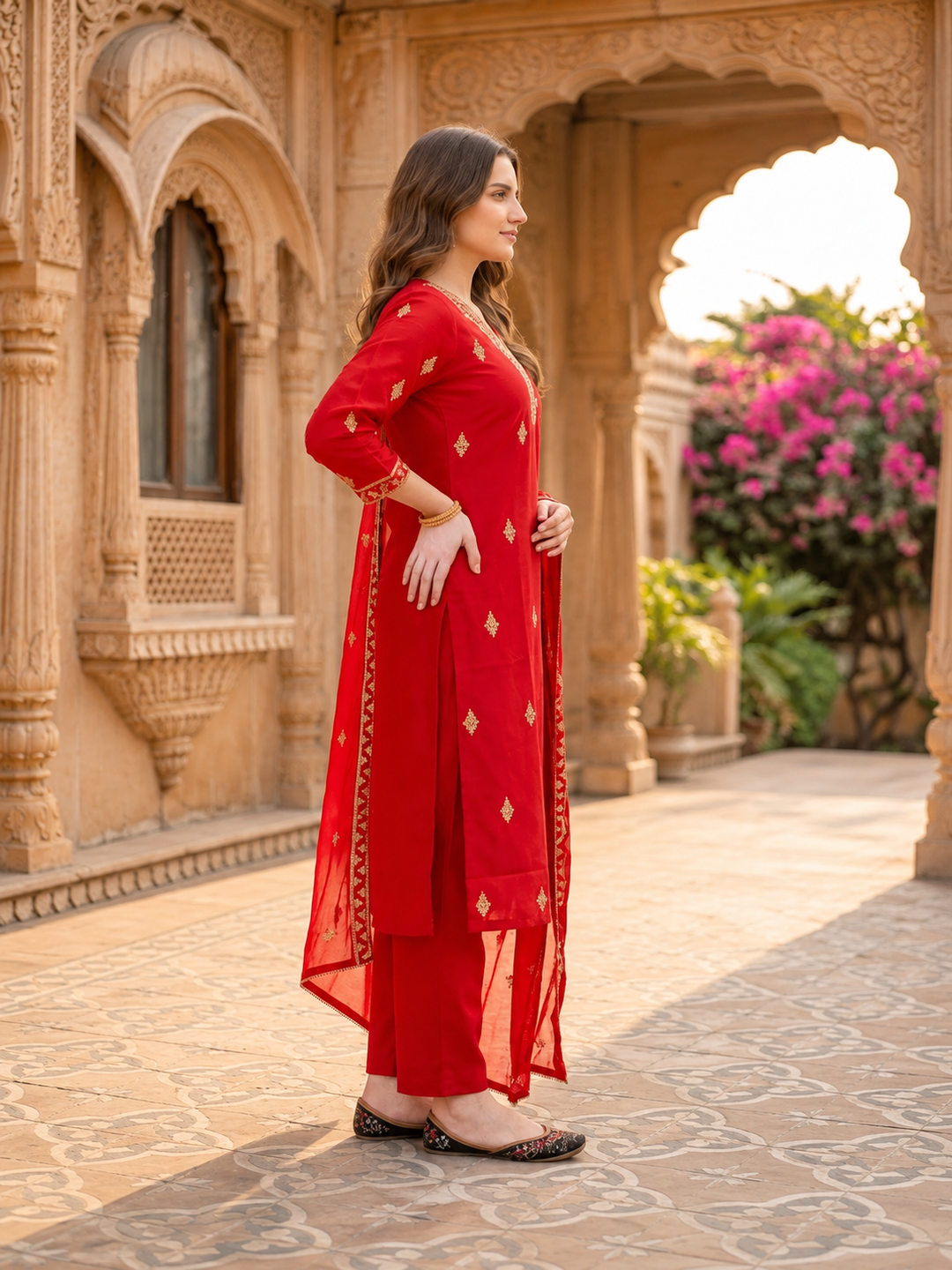 Full look of red embroidered silk kurta set with trousers and dupatta