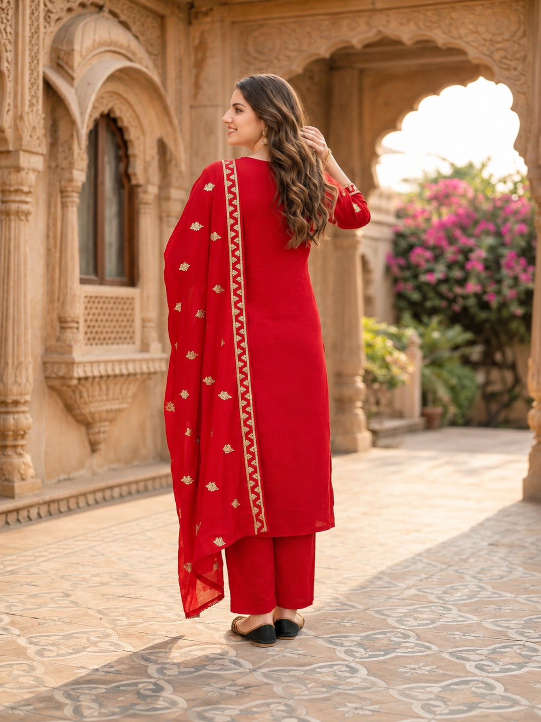 Red silk kurta with embroidery and three-quarter sleeves