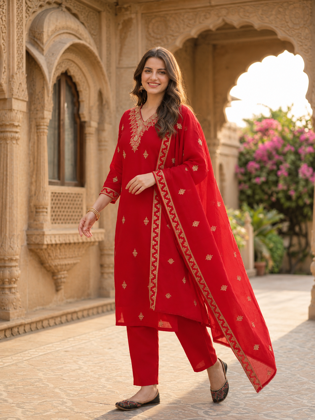 Red silk blend trousers paired with the kurta set