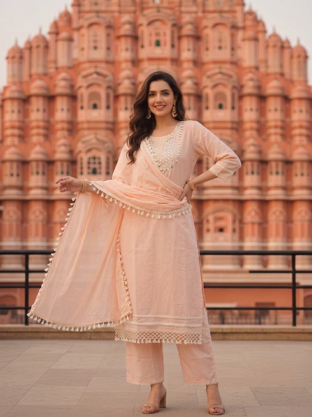 Peach cotton blend palazzo trousers with lace detail