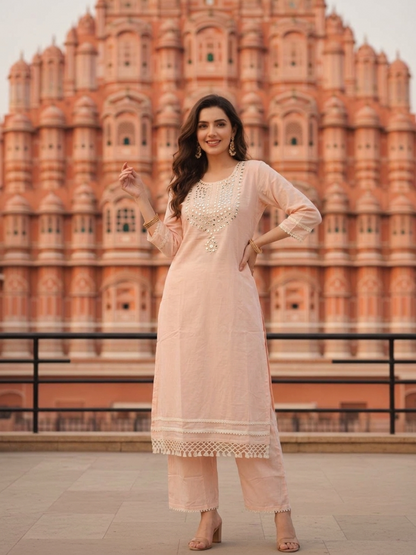 Side profile of the peach A-line kurta set