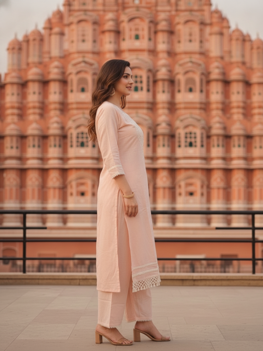 Full look at the peach A-line kurta set with matching dupatta