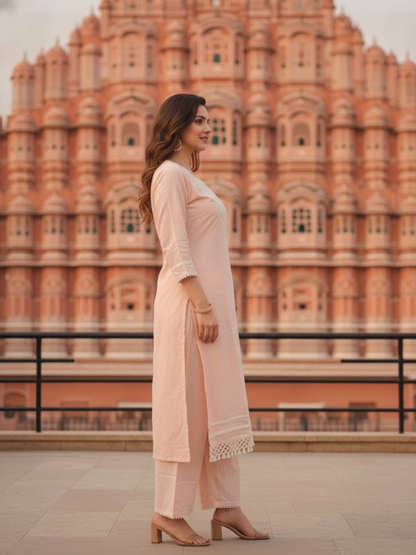 Full look at the peach A-line kurta set with matching dupatta