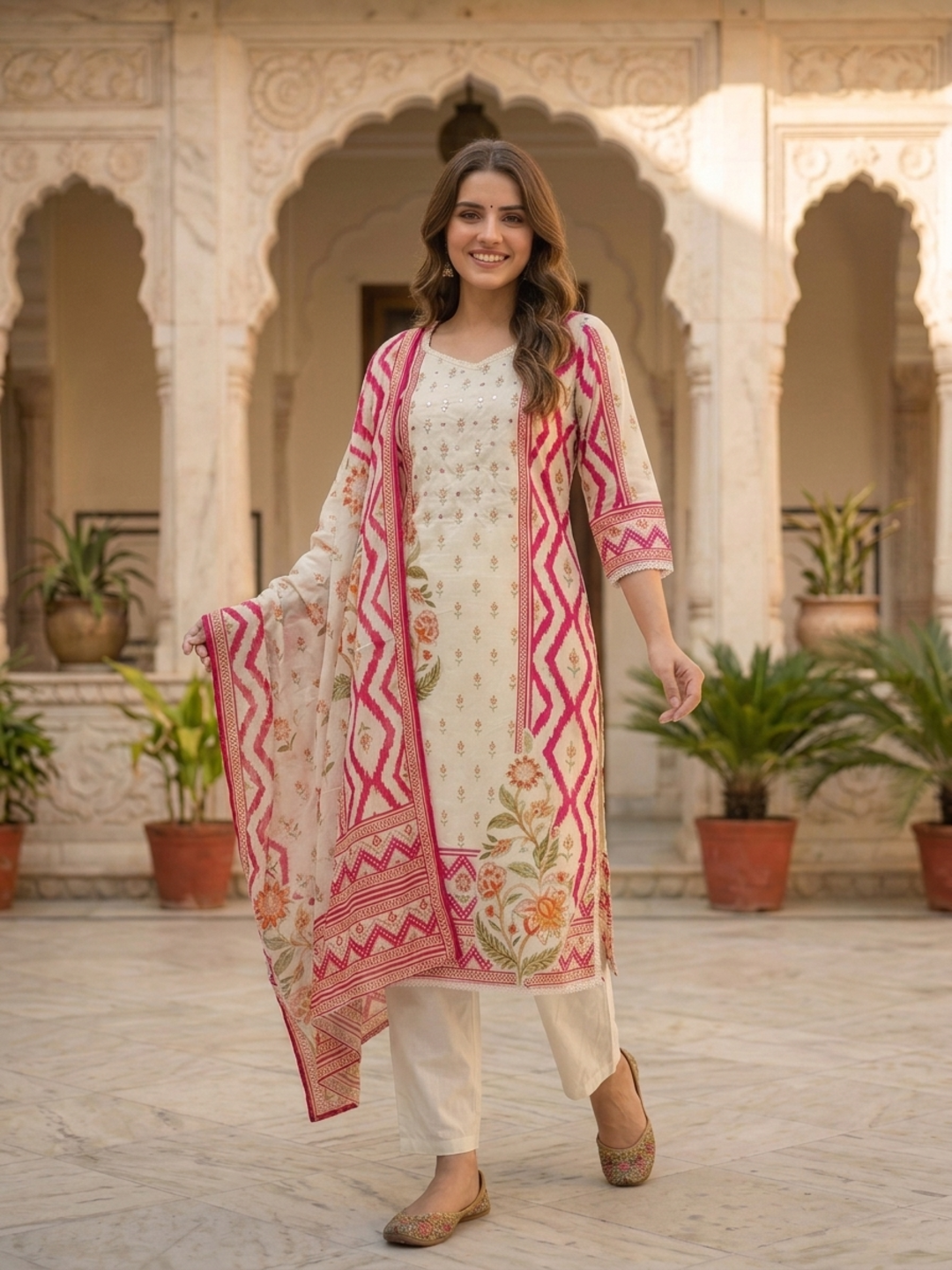 Cream cotton blend trousers paired with the pink kurta set