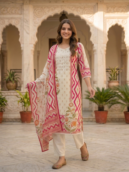 Cream cotton blend trousers paired with the pink kurta set
