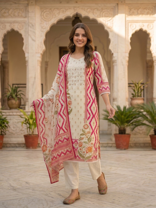 Cream cotton blend trousers paired with the pink kurta set