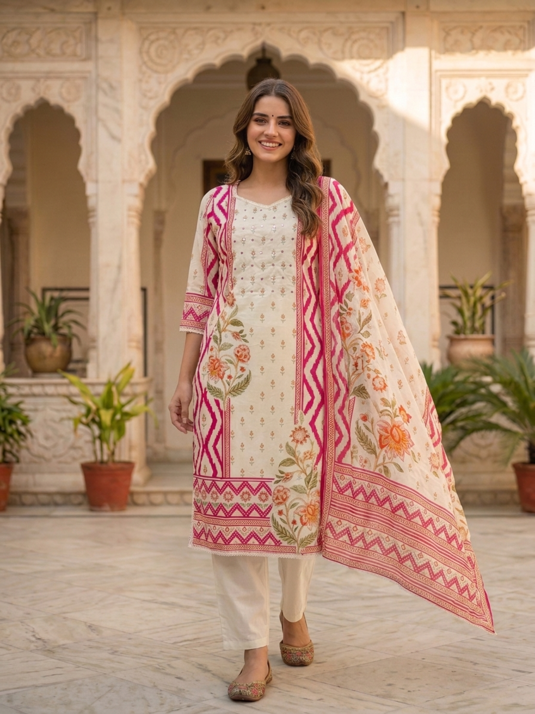 Model wearing pink floral printed cotton kurta with cream trousers and printed dupatta
