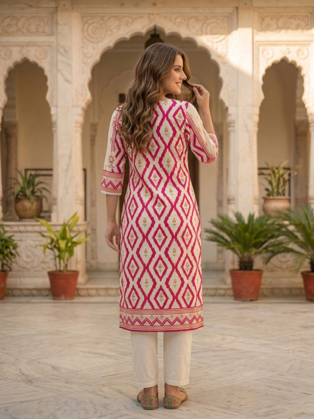 Side view of pink straight kurta with ethnic floral print