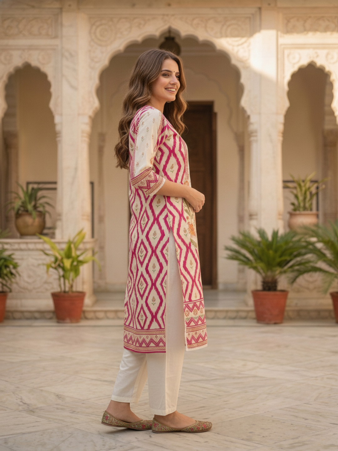 Front view showing the sweetheart neckline and lace detail on the pink kurta