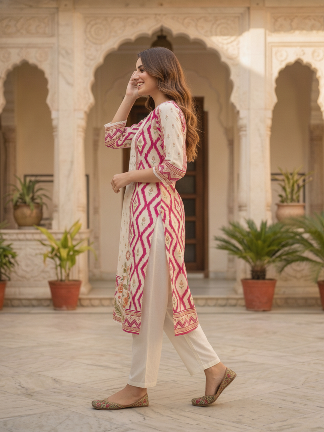 Close-up of the floral printed pink cotton kurta and cutdana accents