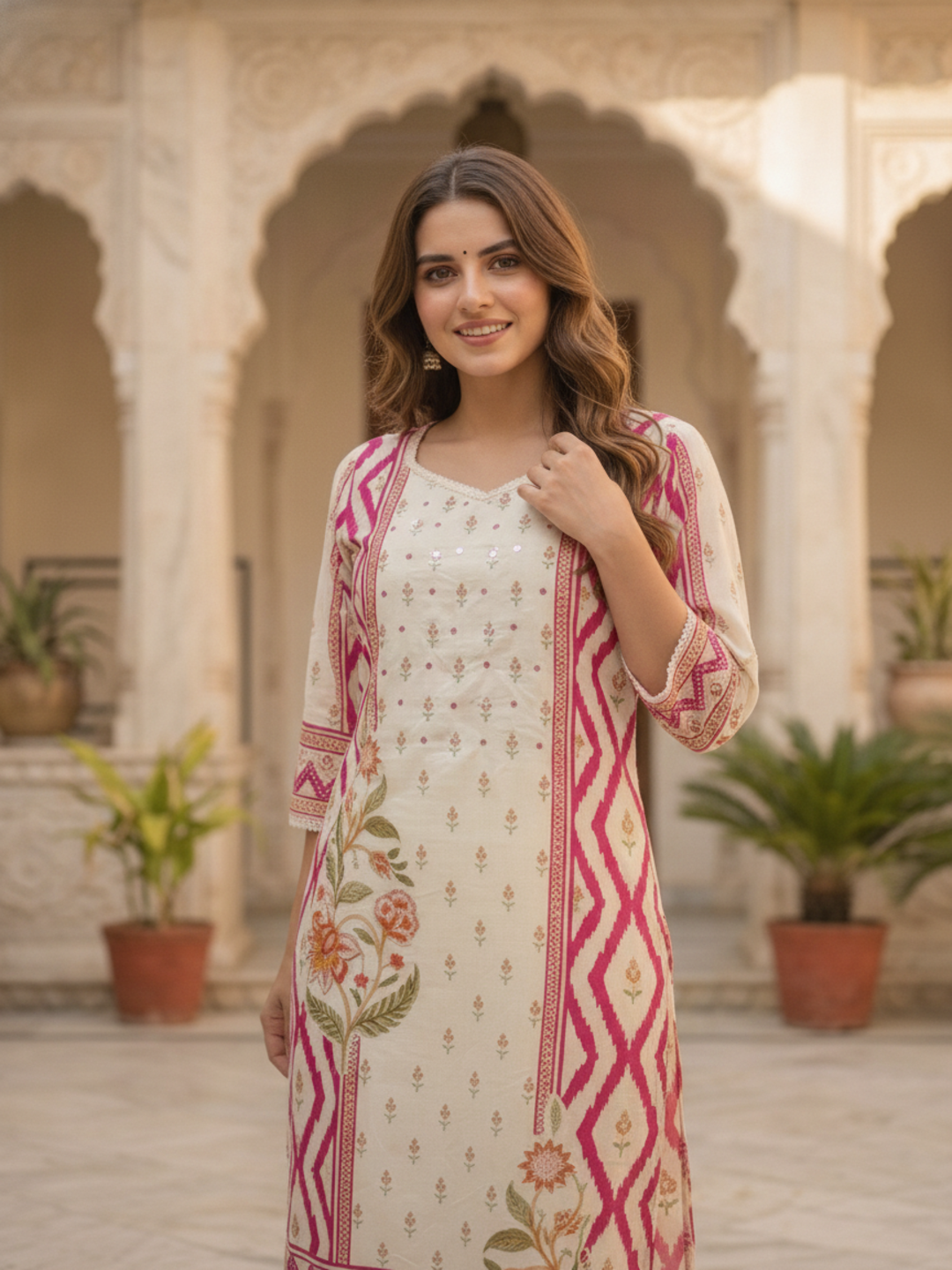 Back view of the pink floral straight kurta