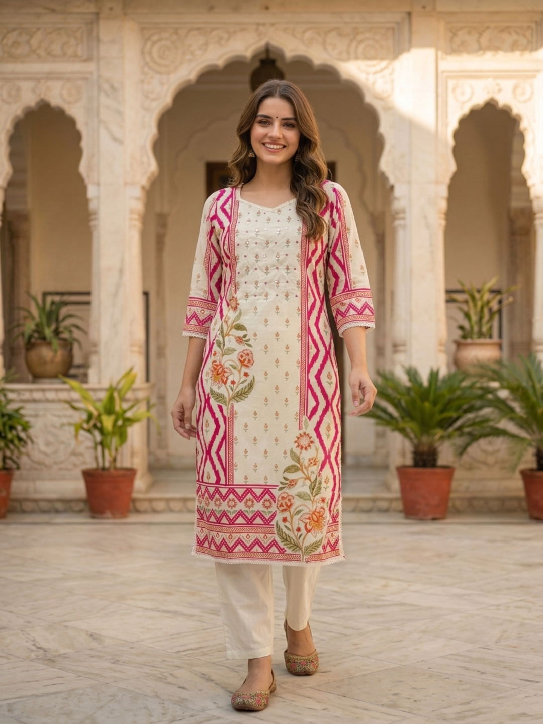 Cream cotton blend dupatta with floral and ethnic print