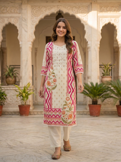 Cream cotton blend dupatta with floral and ethnic print