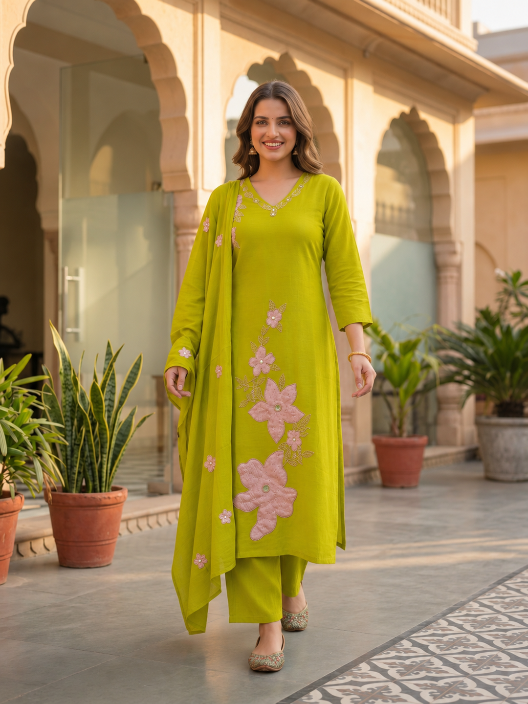 Lime Green Solid Floral Patchwork Embroidered Chanderi Silk A-Line Kurta Set with Pant and Dupatta