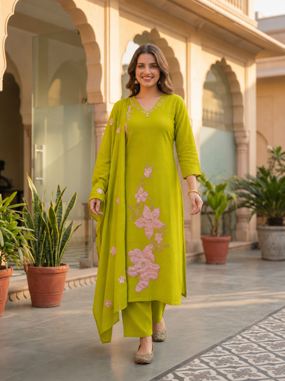 Lime Green Solid Floral Patchwork Embroidered Chanderi Silk A-Line Kurta Set with Pant and Dupatta