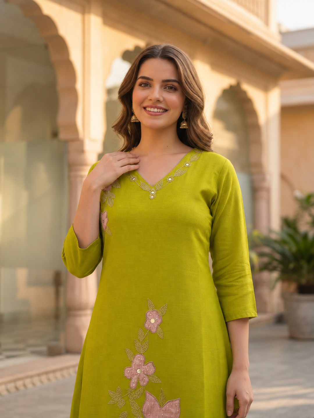 Lime Green Solid Floral Patchwork Embroidered Chanderi Silk A-Line Kurta Set with Pant and Dupatta