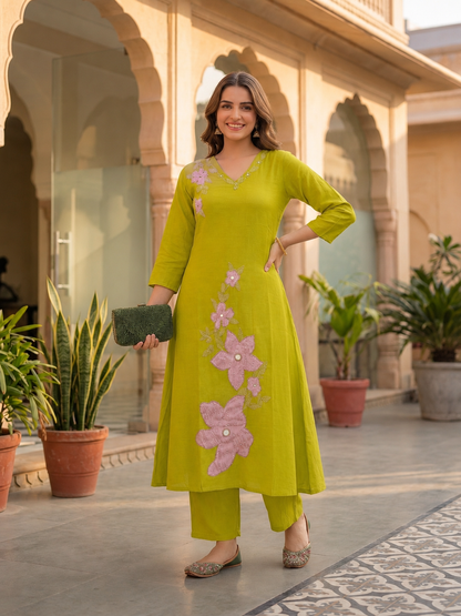 Lime Green Solid Floral Patchwork Embroidered Chanderi Silk A-Line Kurta Set with Pant and Dupatta