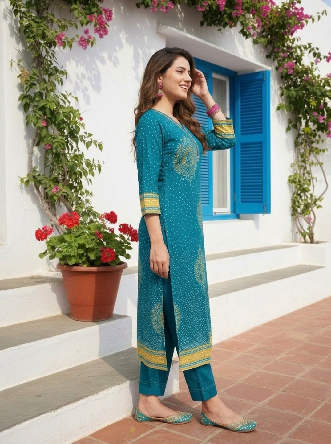 Teal Blue Bandhani Printed Mirror Work Shantoon Straight Kurta Set with Palazzo and Poly Chanderi Dupatta