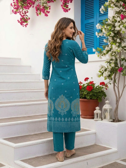 Teal Blue Bandhani Printed Mirror Work Shantoon Straight Kurta Set with Palazzo and Poly Chanderi Dupatta