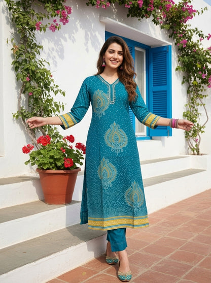 Teal Blue Bandhani Printed Mirror Work Shantoon Straight Kurta Set with Palazzo and Poly Chanderi Dupatta