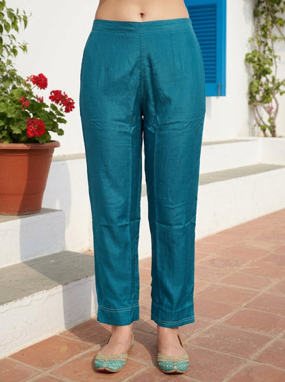 Teal Blue Bandhani Printed Mirror Work Shantoon Straight Kurta Set with Palazzo and Poly Chanderi Dupatta