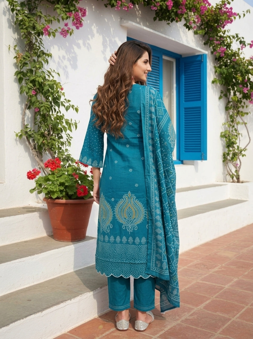 Teal Blue Bandhani Printed Mirror Work Shantoon Straight Kurta Set with Palazzo and Poly Chanderi Dupatta