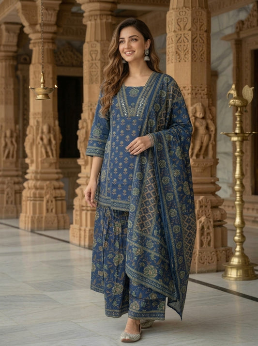 Steel Blue Floral Ethnic Printed Sequin Cotton Anarkali Short Kurta Set with Sharara and Dupatta