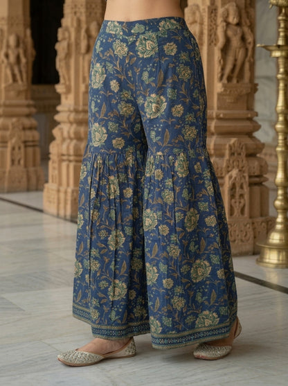 Steel Blue Floral Ethnic Printed Sequin Cotton Anarkali Short Kurta Set with Sharara and Dupatta