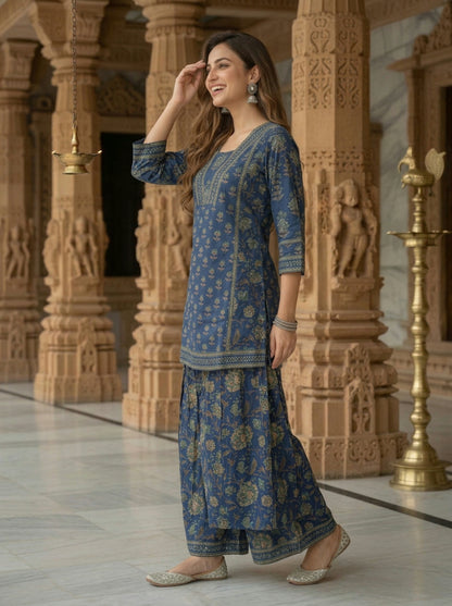 Steel Blue Floral Ethnic Printed Sequin Cotton Anarkali Short Kurta Set with Sharara and Dupatta