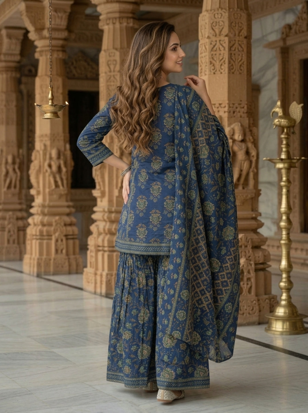 Steel Blue Floral Ethnic Printed Sequin Cotton Anarkali Short Kurta Set with Sharara and Dupatta