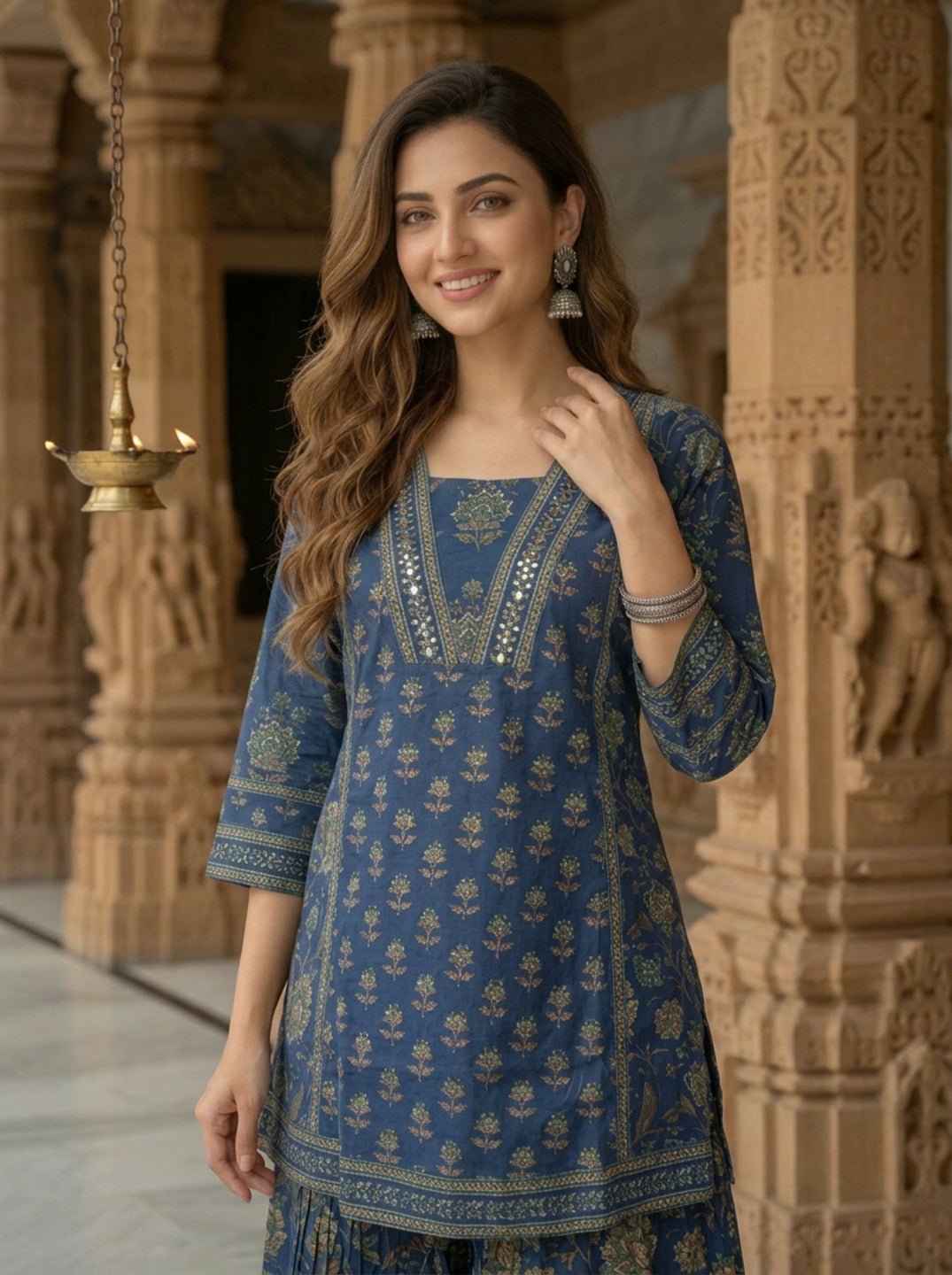 Steel Blue Floral Ethnic Printed Sequin Cotton Anarkali Short Kurta Set with Sharara and Dupatta