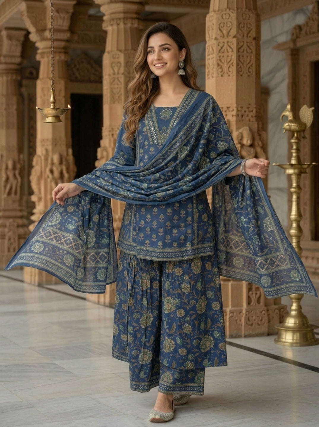Steel Blue Floral Ethnic Printed Sequin Cotton Anarkali Short Kurta Set with Sharara and Dupatta
