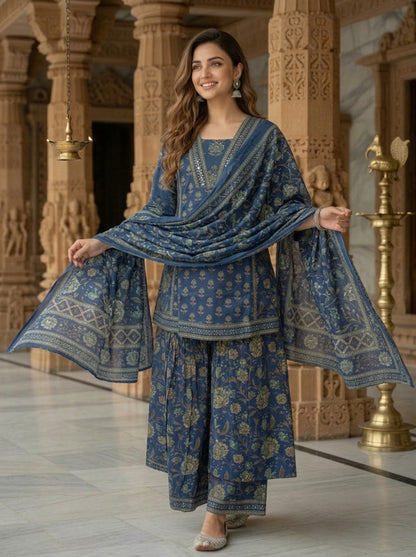 Steel Blue Floral Ethnic Printed Sequin Cotton Anarkali Short Kurta Set with Sharara and Dupatta