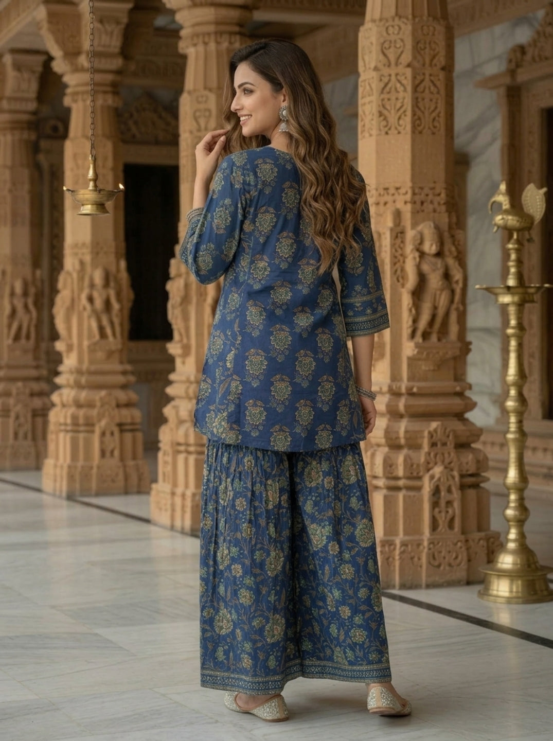 Steel Blue Floral Ethnic Printed Sequin Cotton Anarkali Short Kurta Set with Sharara and Dupatta