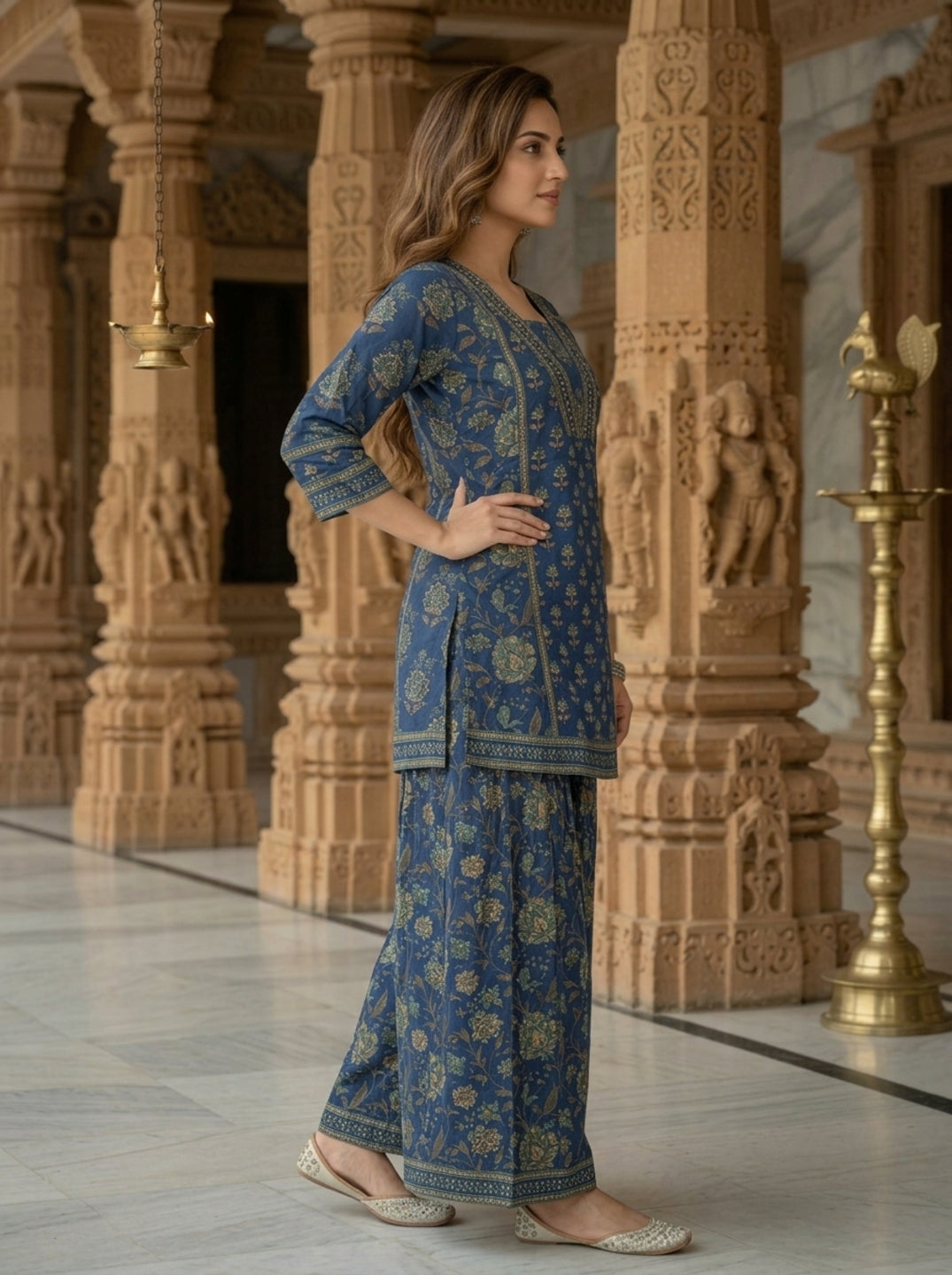 Steel Blue Floral Ethnic Printed Sequin Cotton Anarkali Short Kurta Set with Sharara and Dupatta