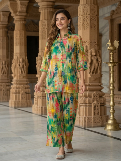 Multicolor Abstract Ikat Printed Cotton Straight Fit Co-ord Set with Palazzo