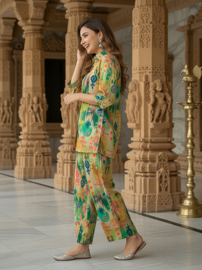 Multicolor Abstract Ikat Printed Cotton Straight Fit Co-ord Set with Palazzo